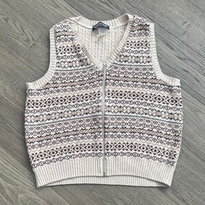 Parkhurst | Vintage Beige Patterned V-Neck Sweater Zip Up Vest Size Medium